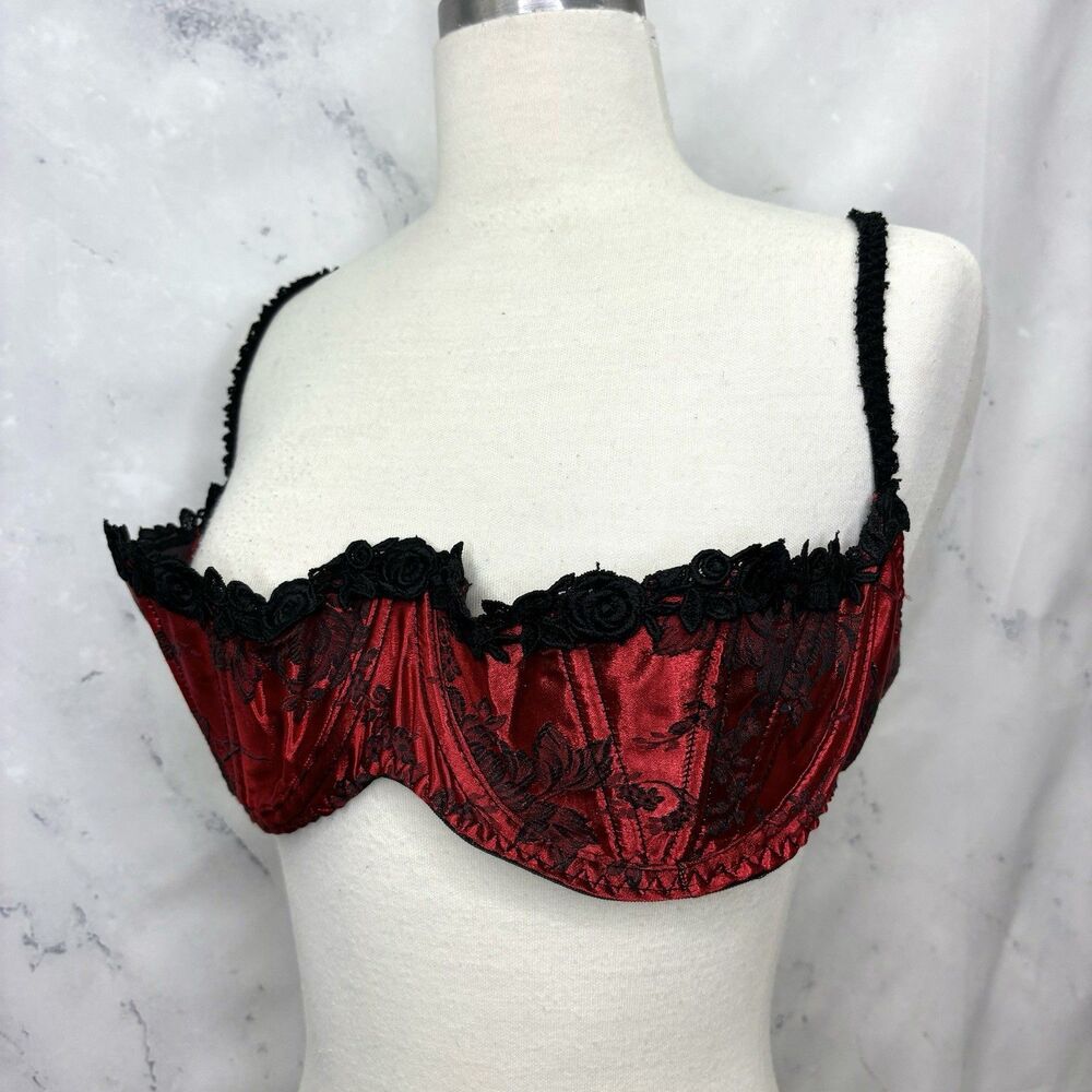Vintage Intimate attitude Red Satin Bra 38C Barcade Vamp 80s Lingerie Gothic vtg - Picture 5 of 14